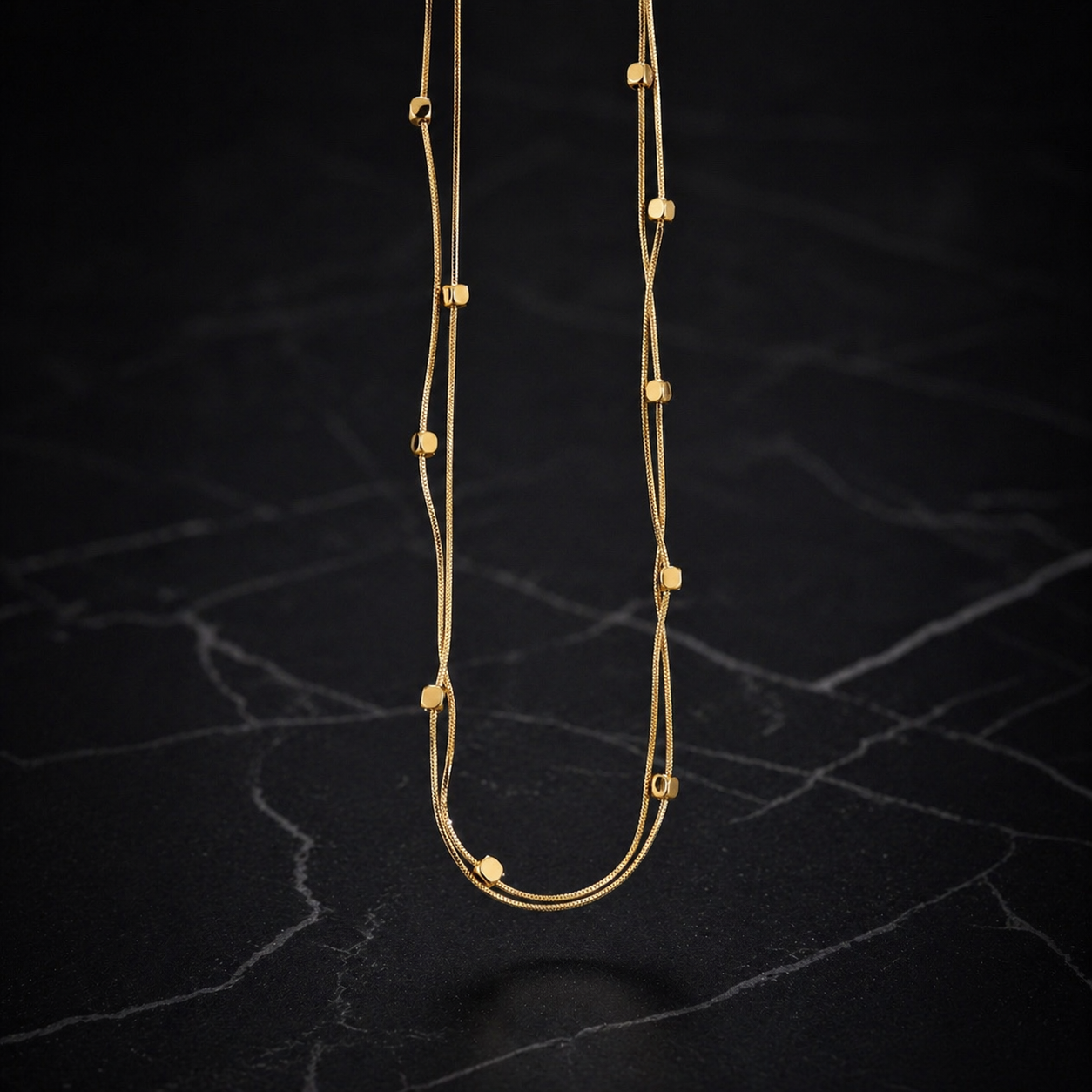 Gold Stainless Steel Double-Layer Cube Bead Necklace