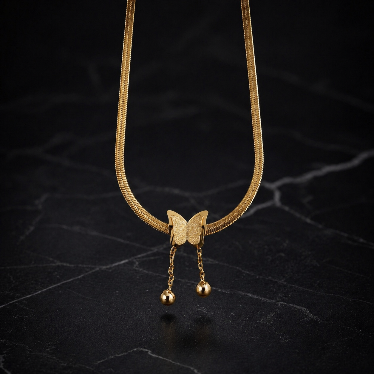 Gold Stainless Steel Butterfly Herringbone Necklace