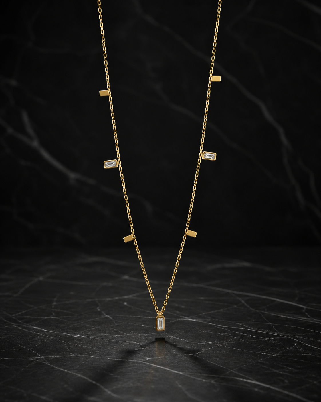 Gold Stainless Steel Baguette Station Necklace